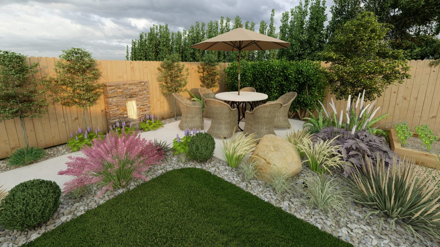 Studio Hummingbird | Project Ferring A rendered image of a garden project in Ferring