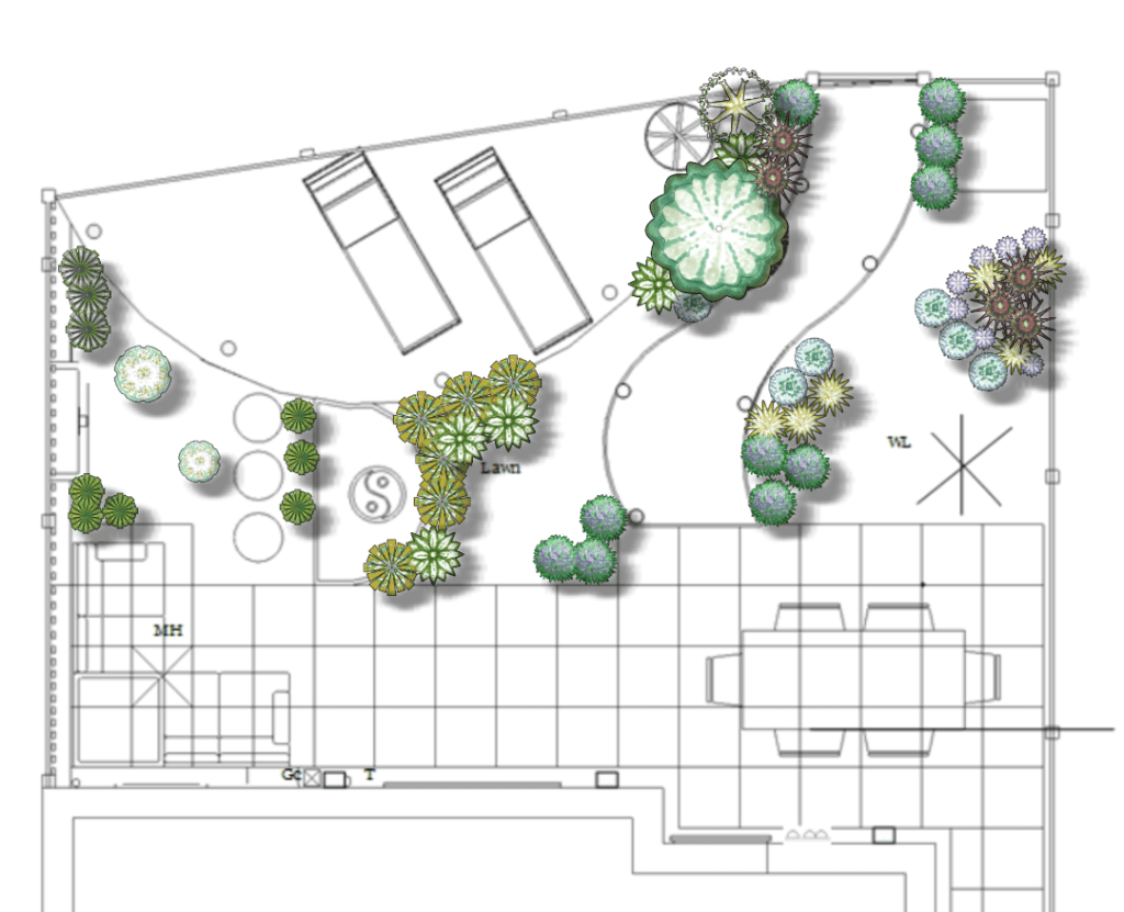 A Garden design and Feng Shui planting scheme and legend for a small urban garden.