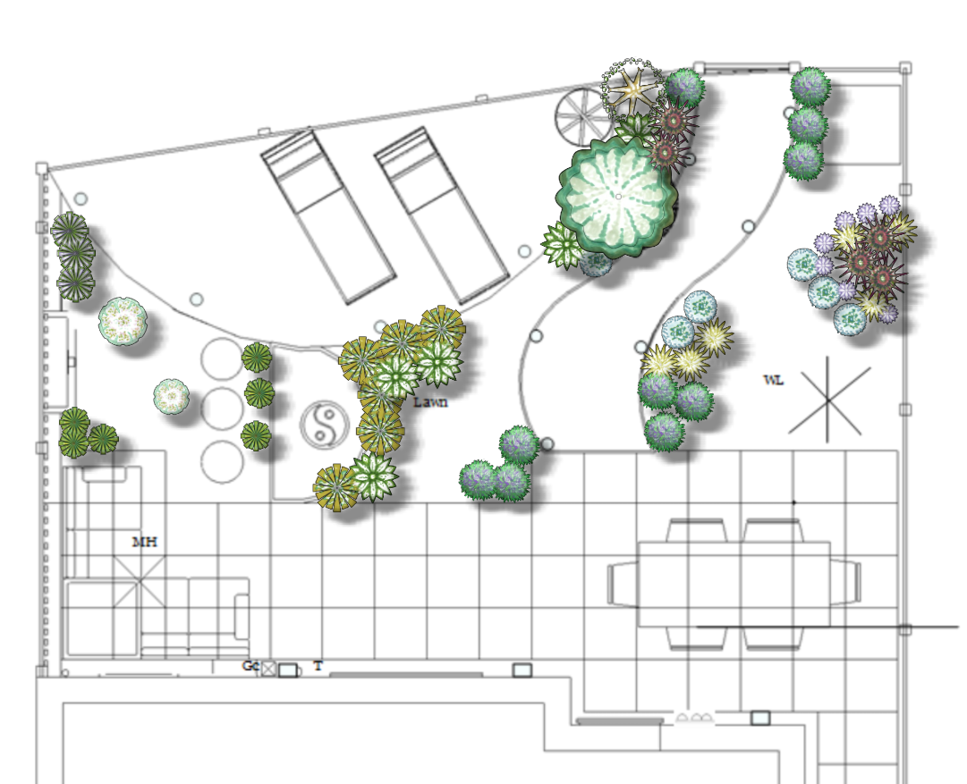 Screenshot 2024-03-11 143626 A Garden design and Feng Shui planting scheme and legend for a small urban garden.
