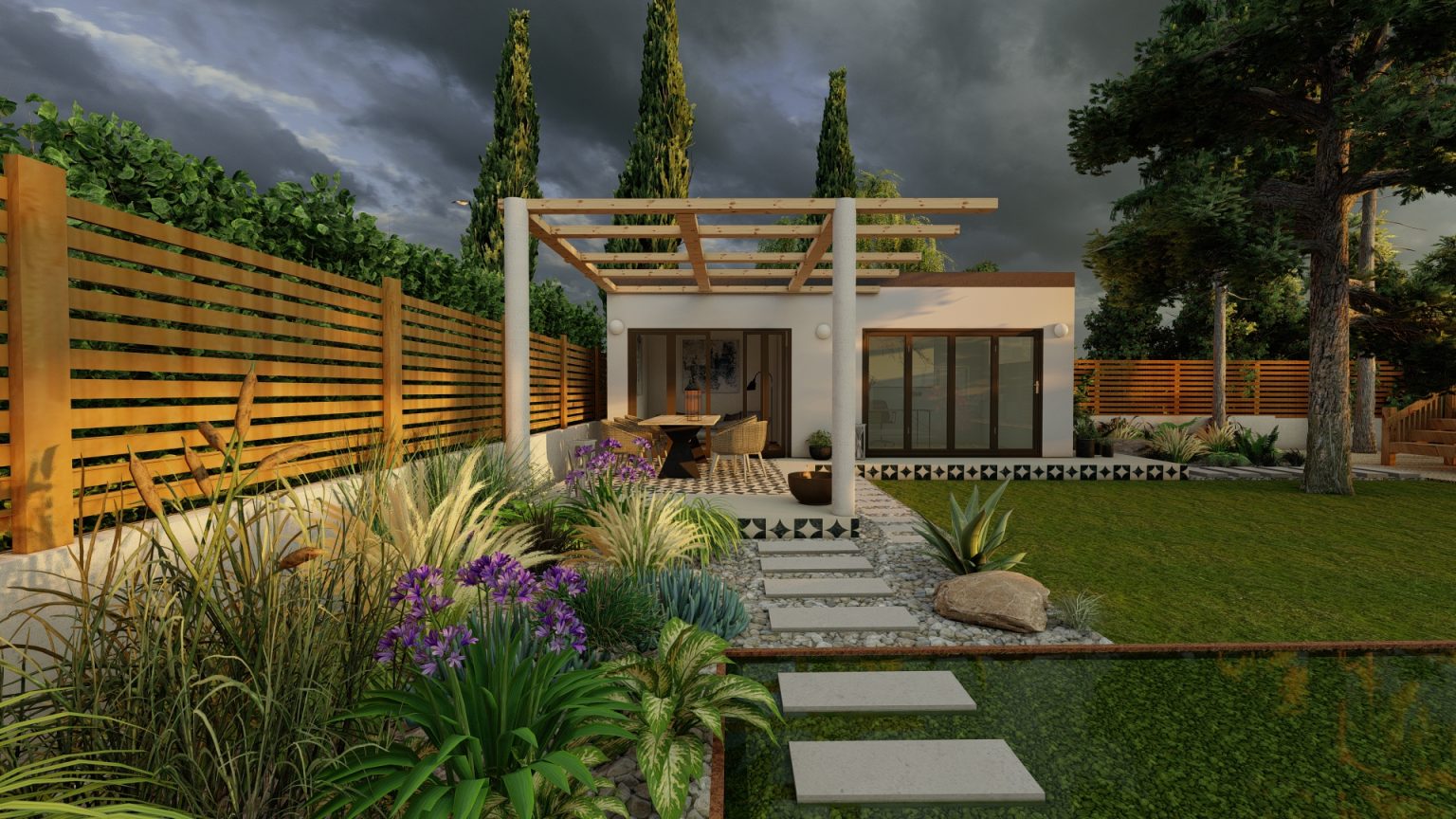 Studio and pergola front eveningsun A garden design in Findon Valley