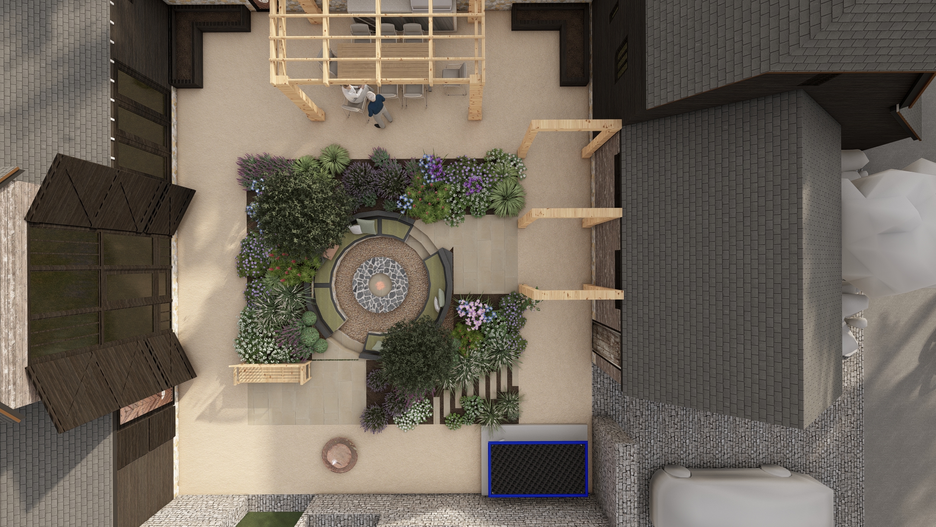 A courtyard garden from birdsview with a fire pit in the center and panting around.