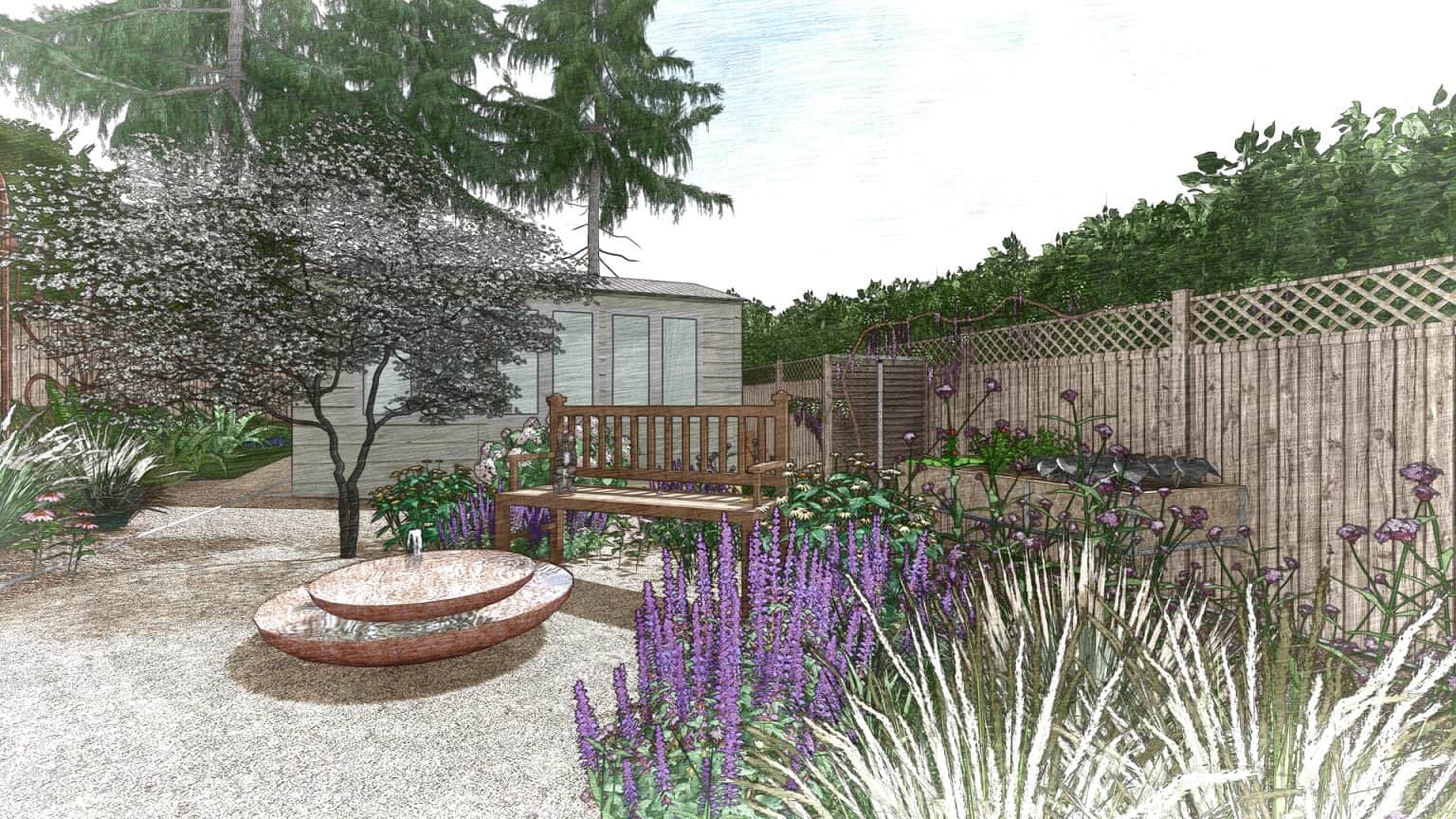 Studio Hummingbird | Garden Designer Pulborough A sketch of water feature in a gravel garden as part of a garden design in Sussex