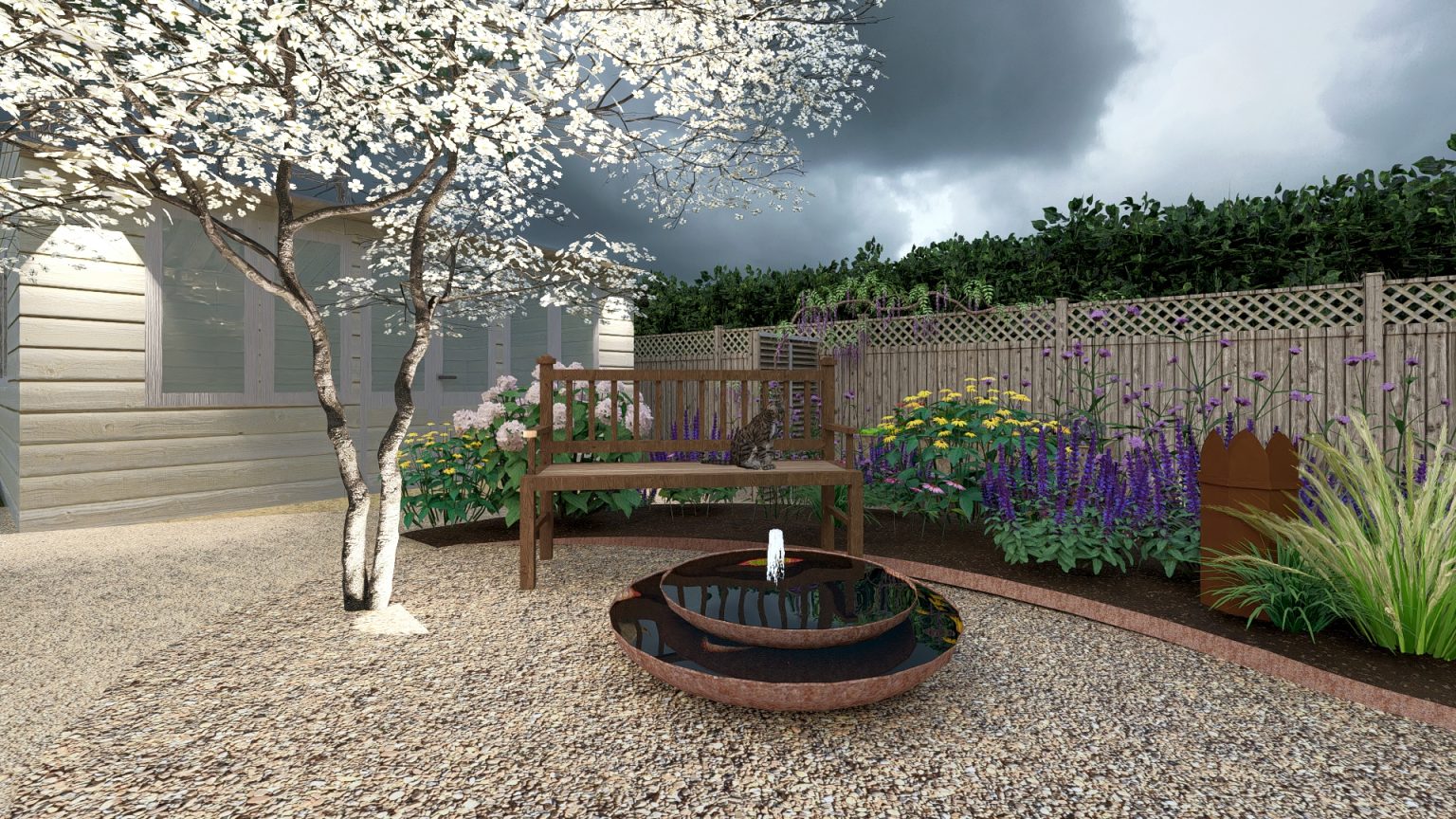 Studio Hummingbird | Project Prairie Garden A corten steel water bowl feature with fountain