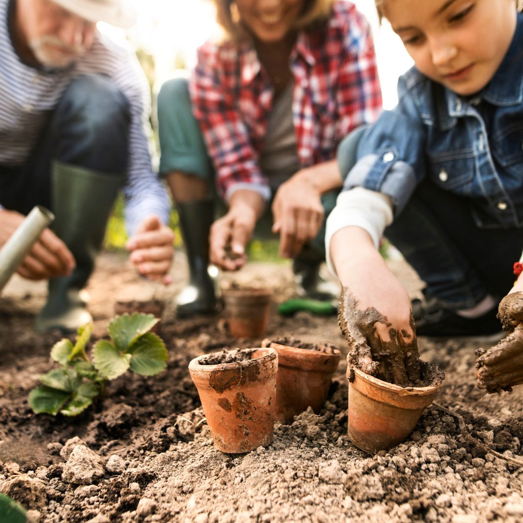 Grandparents gardening with their grandchild.