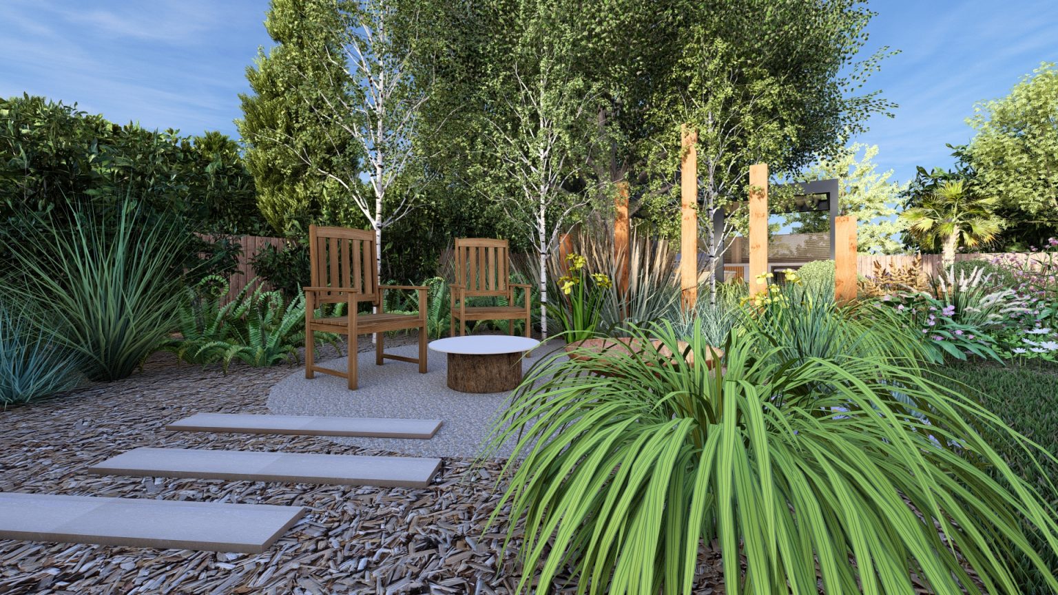 Studio Hummingbird | Project in Rustington A rendered image of a hidden seating area in a garden surrounded by trees.