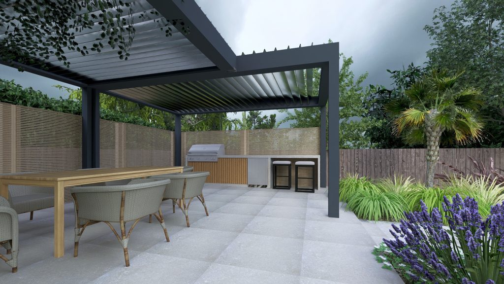 Studio Hummingbird | Garden Style Quiz Pergola over an outdoor kitchen, Rustington