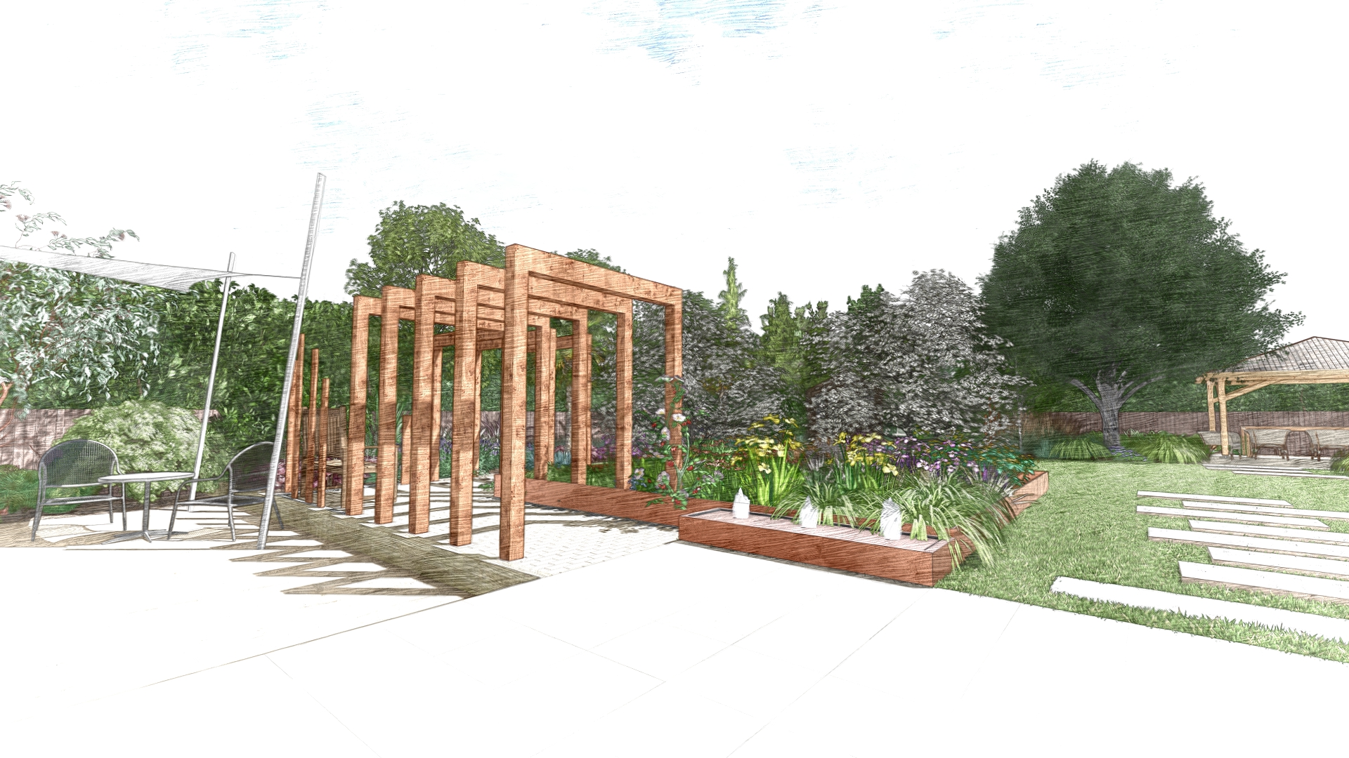 garden design sketch with arbours and water table, project in Chichester.