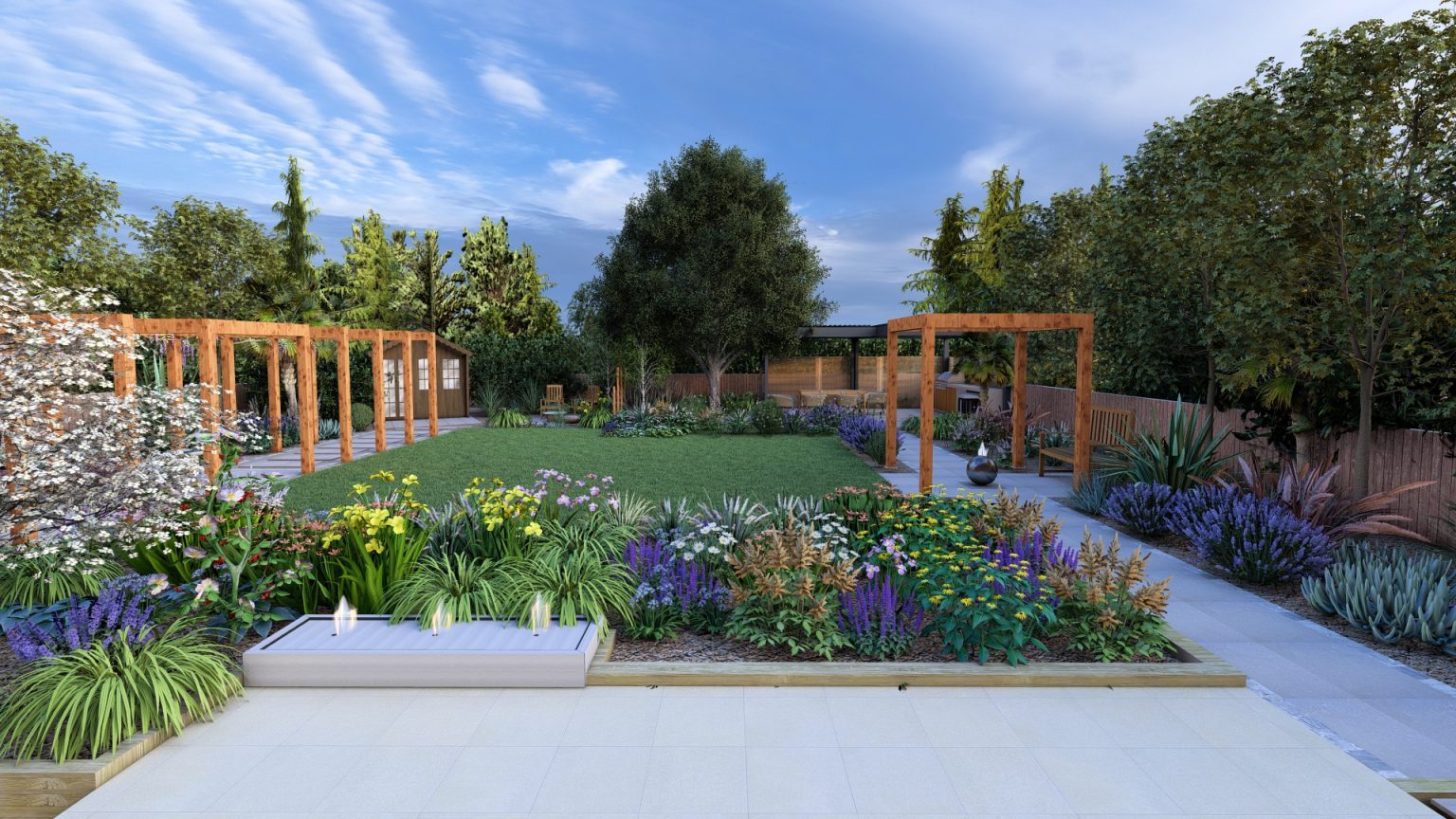 Studio Hummingbird | Project in Rustington A render of a garden design of a large garden with arbout walkways and raised planting beds.