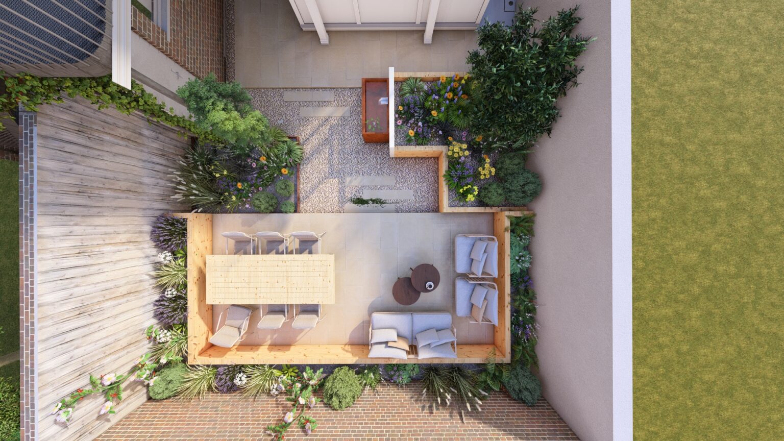 Studio Hummingbird | Worthing Town Garden Birdsview of a rendered image of a small garden.