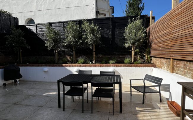 A photo of a small courtyard in Hove with Olive trees.