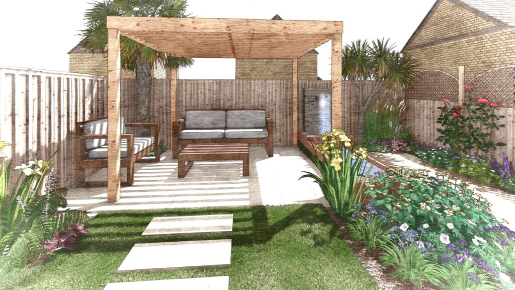 A sketch of a wooden pergola and a water fall feature.