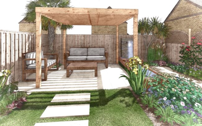 A sketch of a wooden pergola and a water fall feature.