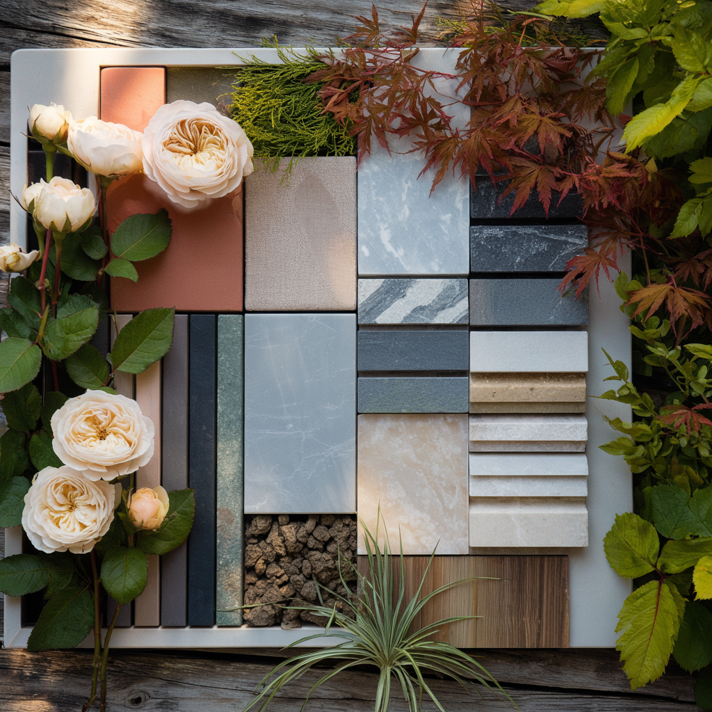 Material collage photo A collection of material samples for garden design.