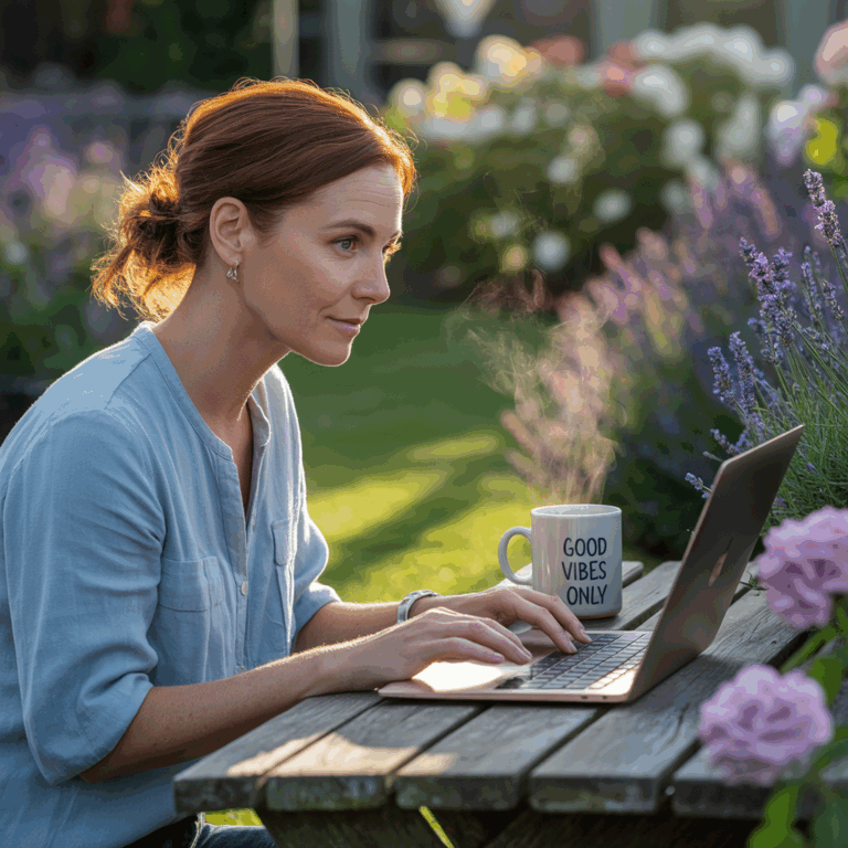 A woman working on her laptop on a garden table in a flowering garden.