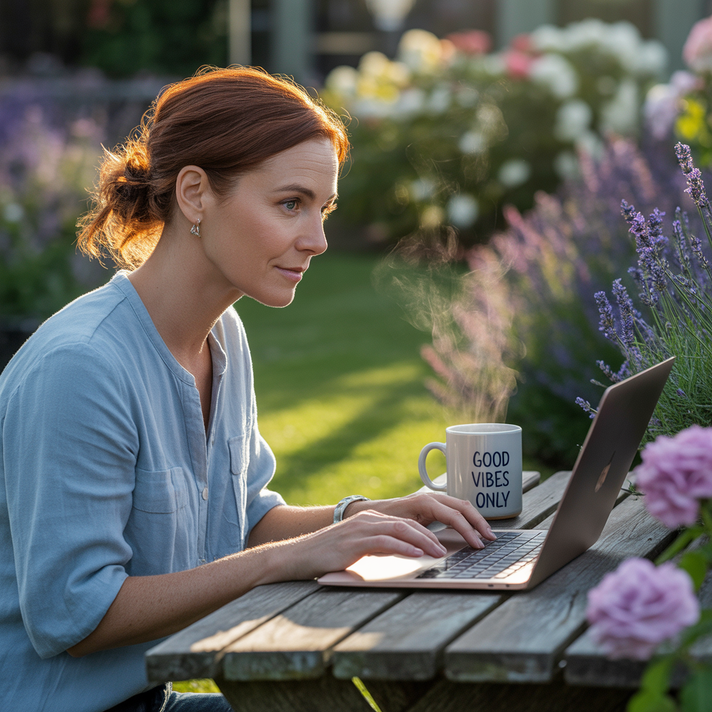 A woman working on her laptop on a garden table in a flowering garden.