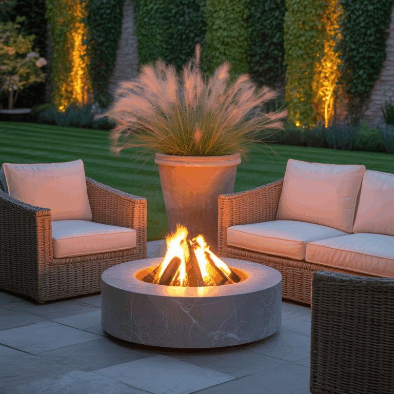 A round fire pit in a Sussex garden in autumn