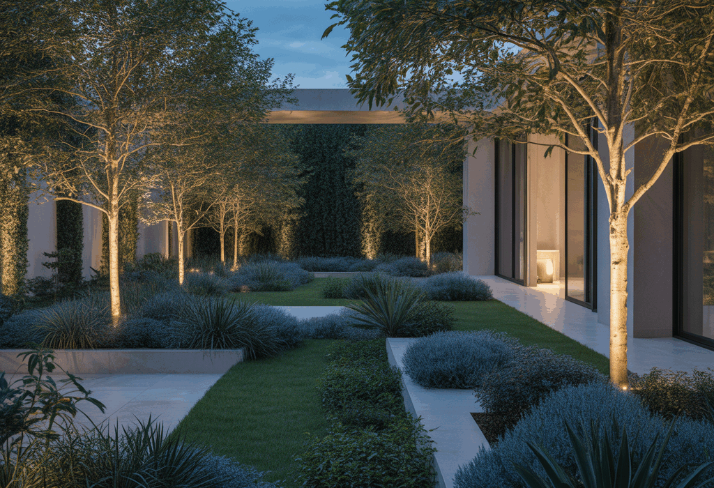 A modern courtyeard illuminated by outdoor lighting.