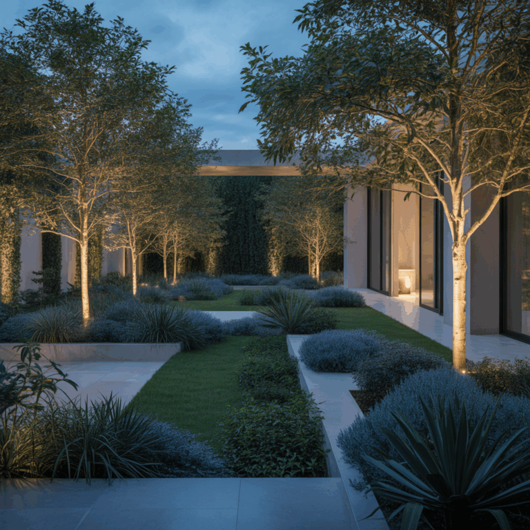 A modern courtyeard illuminated by outdoor lighting.
