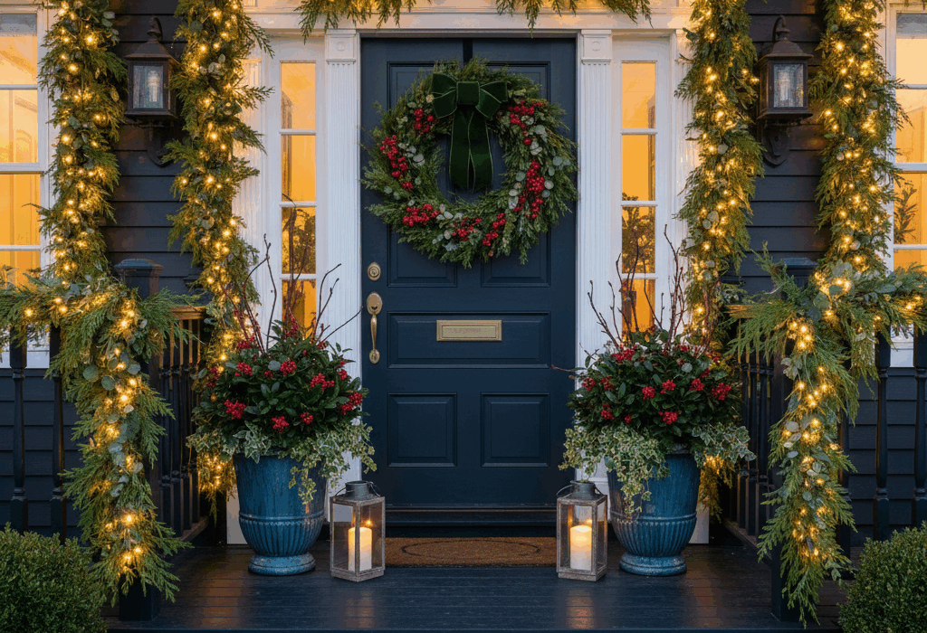 A festive decorated porch with a door Christmas wreath and garlands.