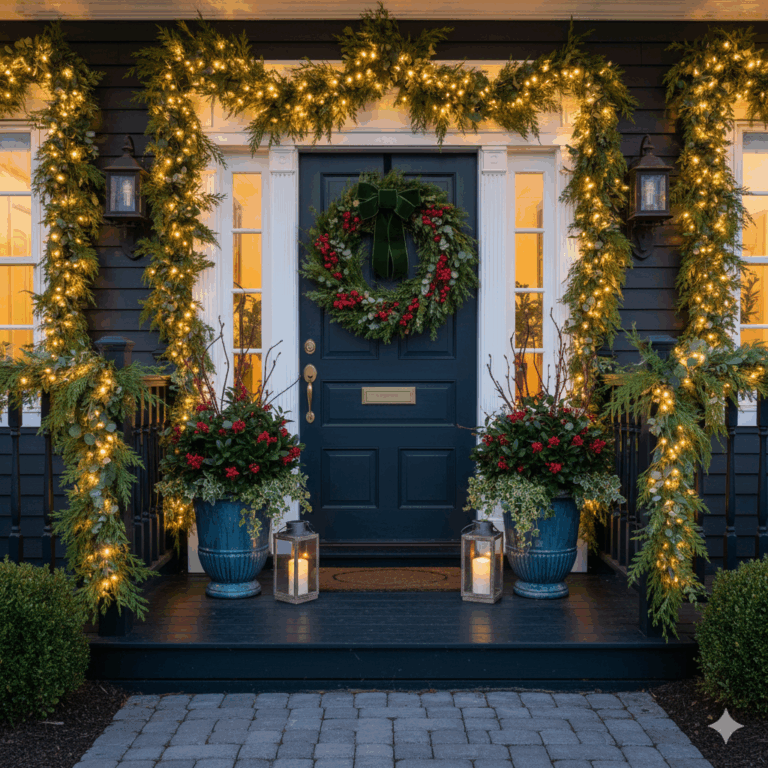 A festive decorated porch with a door Christmas wreath and garlands.