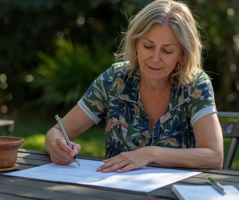 A woman aged 50 filling out a form on a garden table.