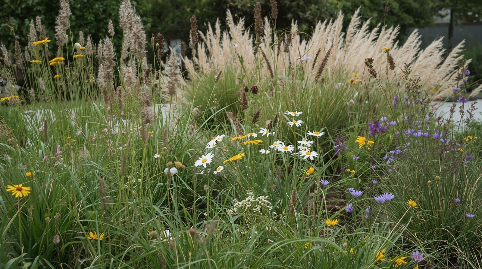 An example of a garden that follows the principles of Sustainable Garden Design with lots of native grasses and wildflowers