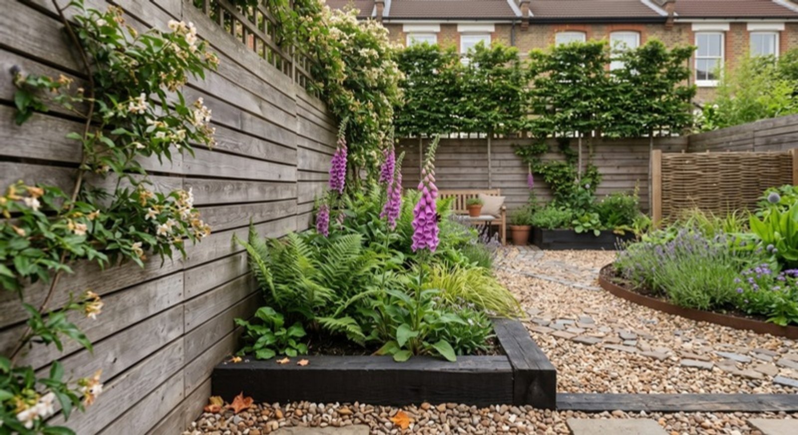 Studio Hummingbird | How to Make an Overlooked Garden Feel Private Again Design concept: pleached trees above the fence screening an overlooked garden, with ferns and raised beds