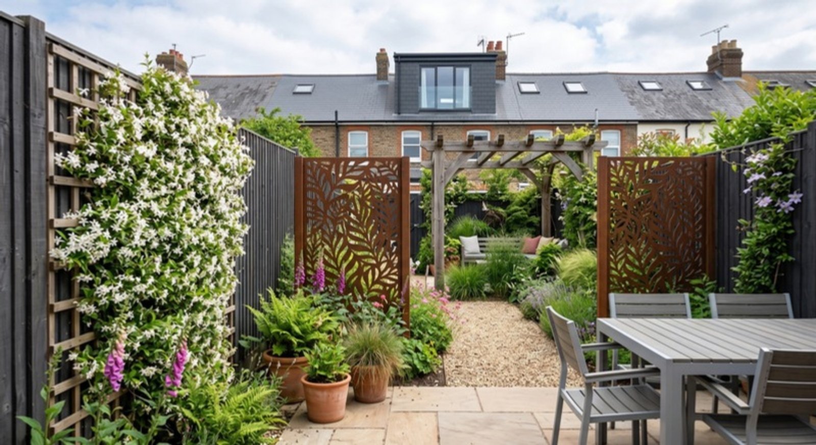 Studio Hummingbird | How to Make an Overlooked Garden Feel Private Again Design concept: a private courtyard garden with timber screens, climbing jasmine and a dining area, with loft windows above